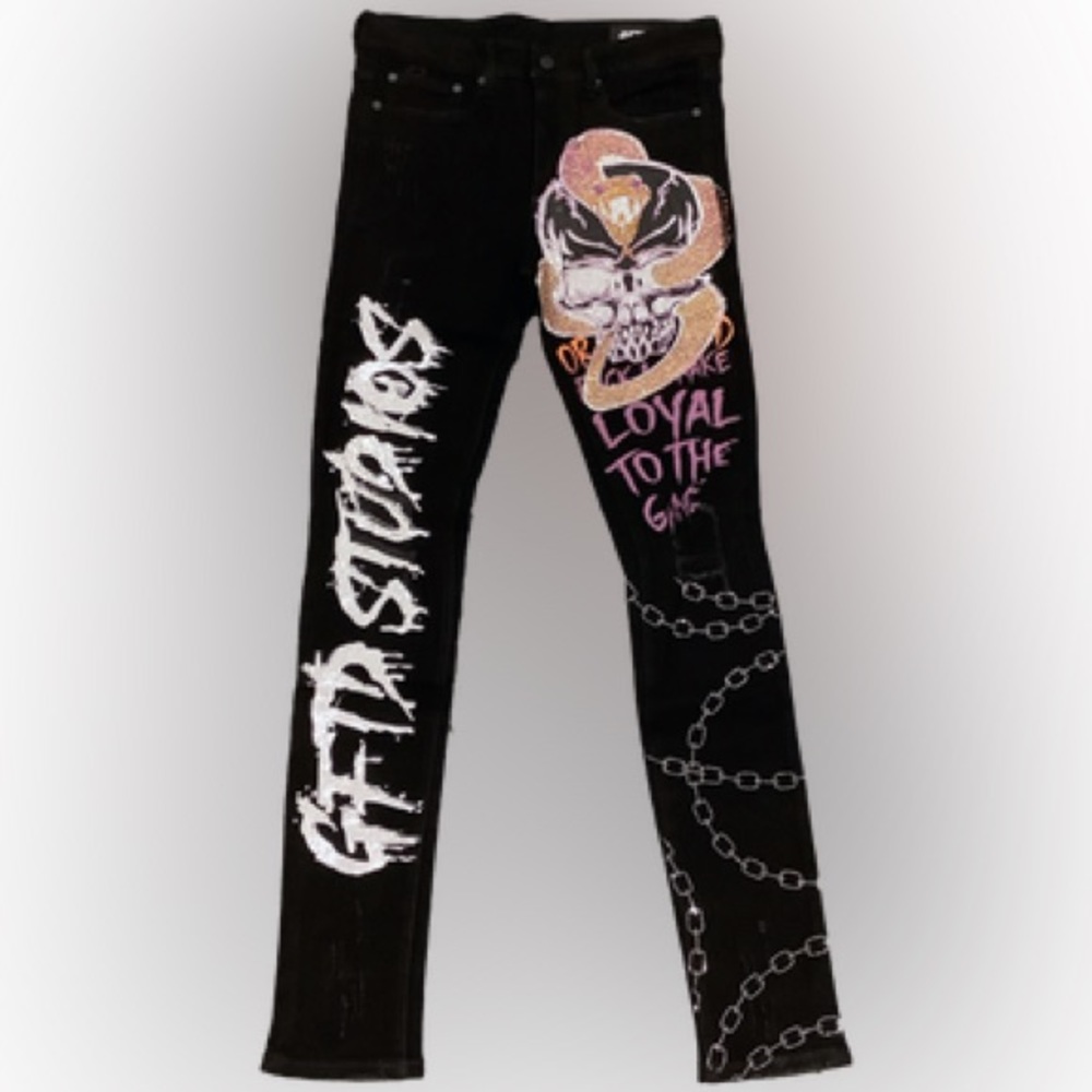 GFTO Los Angeles Elijah Black Denim Embellished / Rhinestone Graffiti Pants NEW